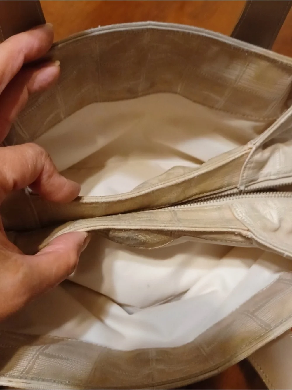 CHANEL Beige Canvas Satchel with Tan Leather Handles